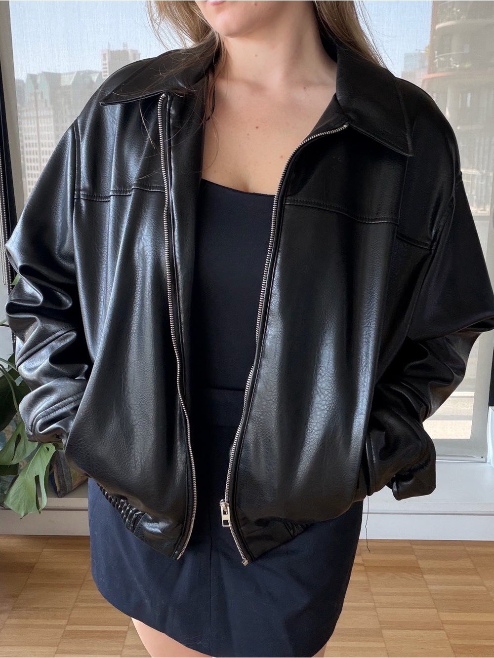 ZARA Black Faux Leather Bomber Jacket | Size M | Silver Zipper